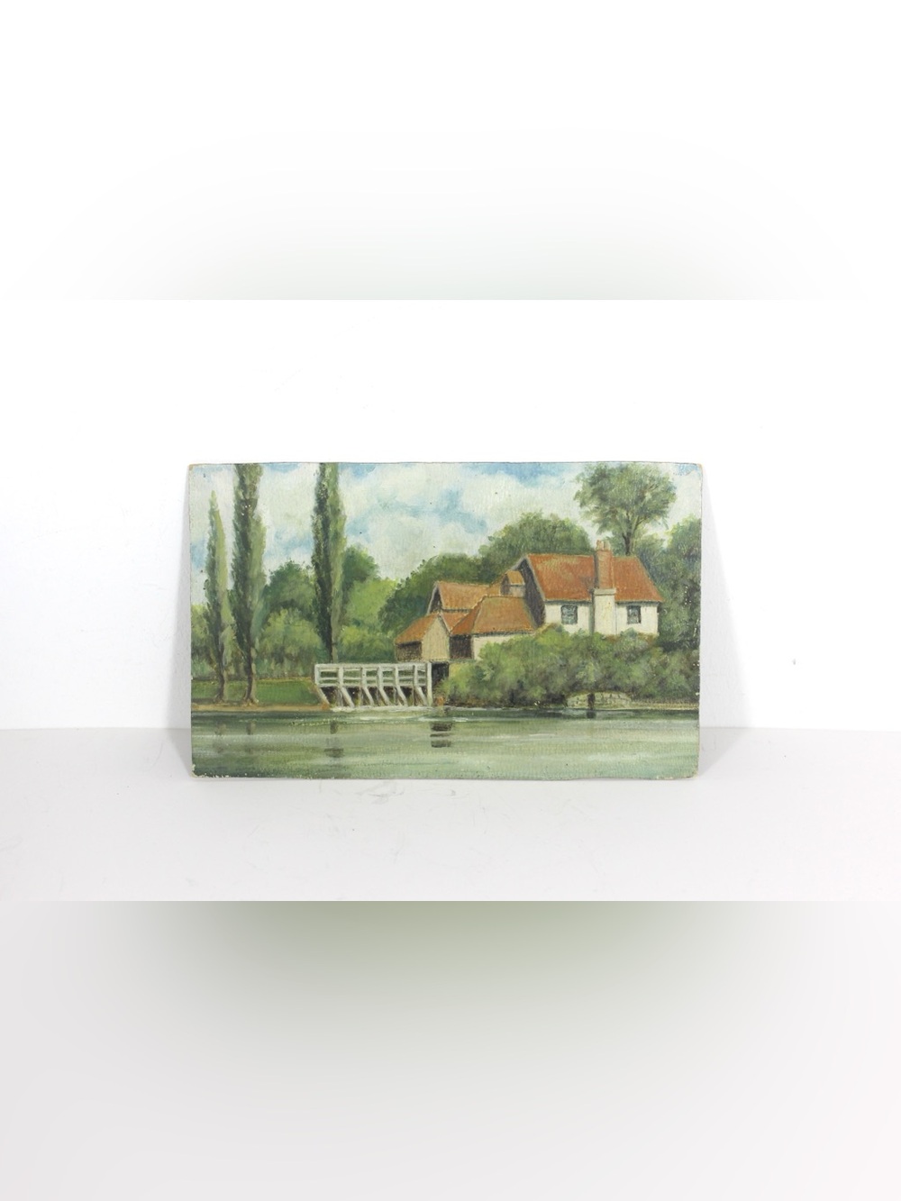 Vintage Oil Painting of a Landscape with a Cottage by the Water Unframed Small
